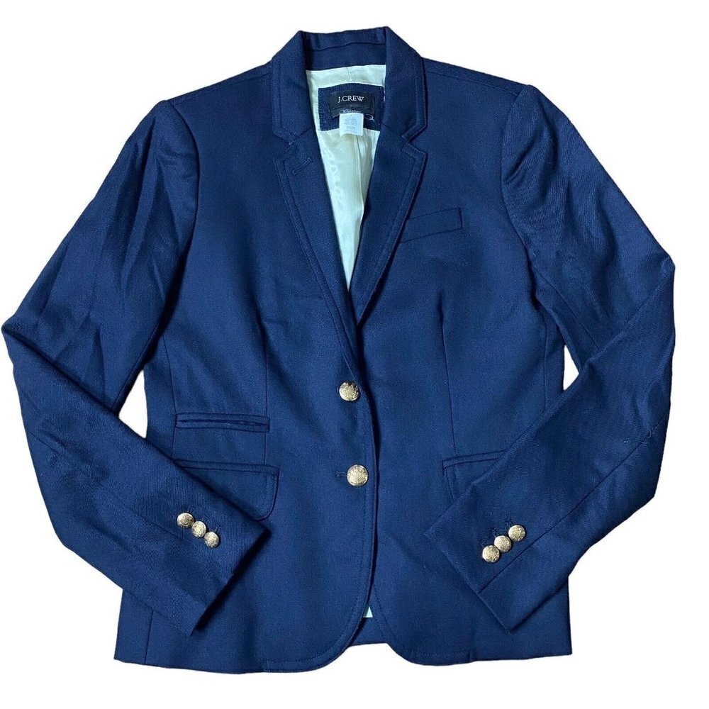 J Crew Schoolboy Blazer Wool Stretch Navy Blue Gold Buttons